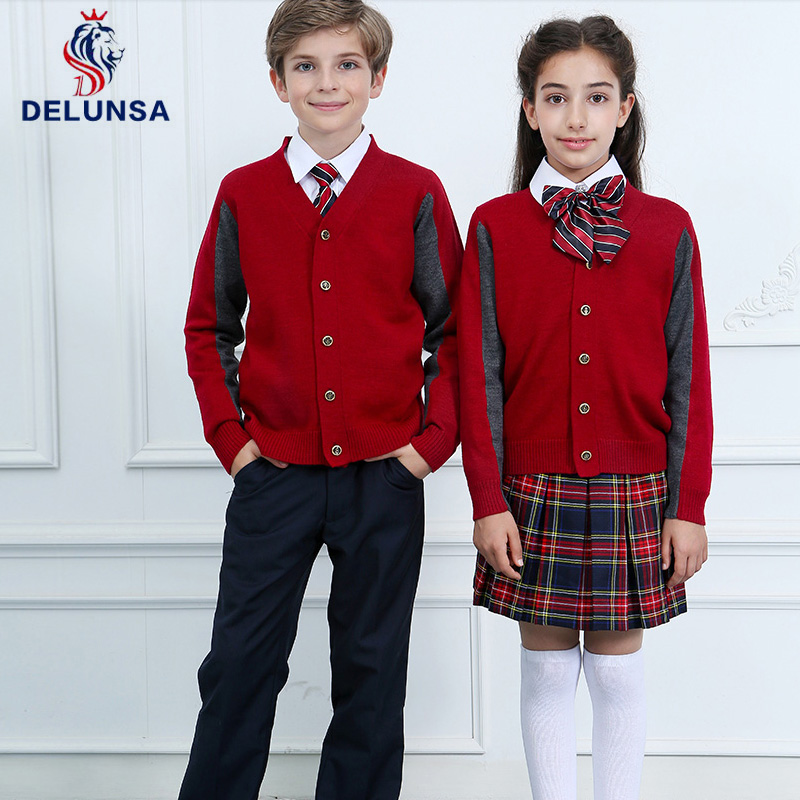 Custom Comfortable Children School Uniforms Long Sleeve Red Cardigan Sweaters Vest
