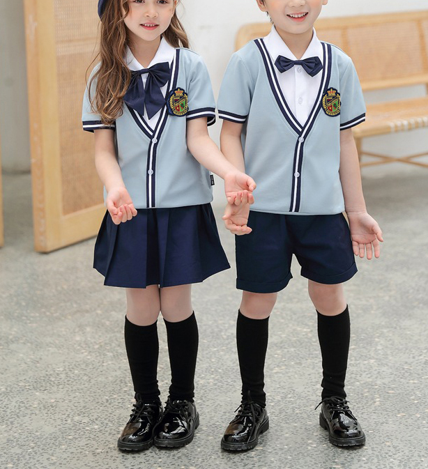Custom Design Summer Primary School Light Blue Children Short Sleeve Uniform Suit with Bow Tie