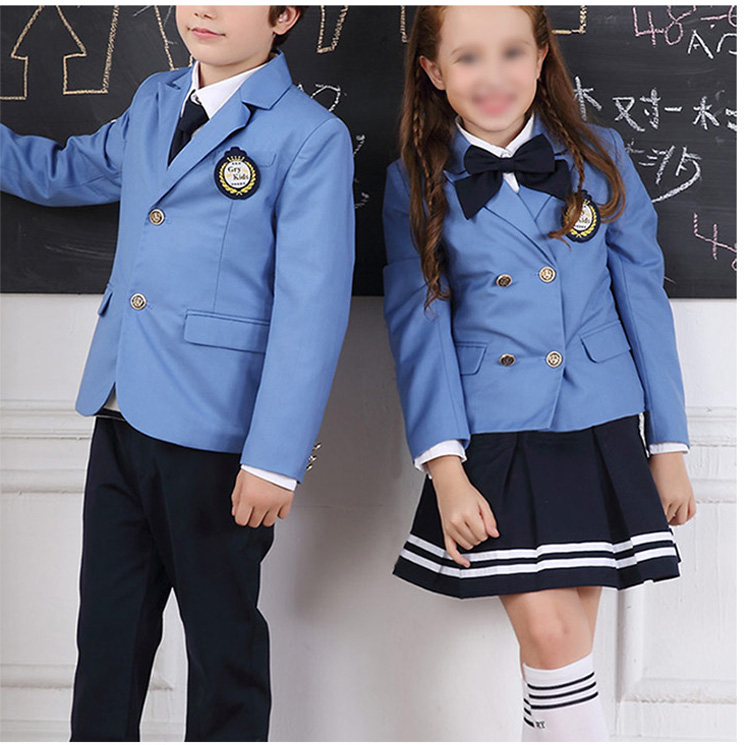 Custom Design Student School Long Sleeve Single Breasted Blue Blazer Set with Pocket