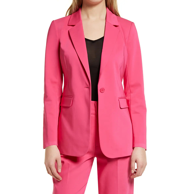 Solid Pink Color Women Long Sleeve Single Button V-neck Suit with Pocket
