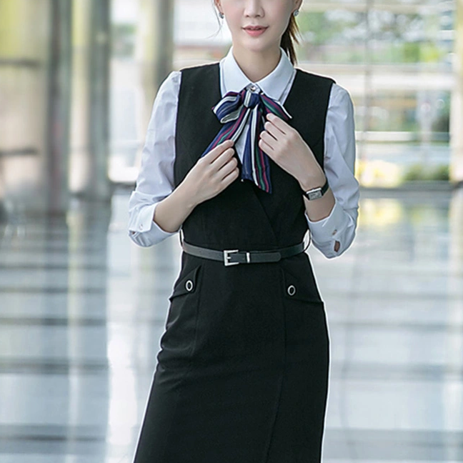 Custom Design 2 Pieces Office Lady Long Sleeve White Shirt And Knee-Length Sundress