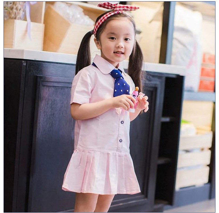 Custom Design 100% Cotton Little Girls Short Sleeve Solid Pink Color Straight Dresses