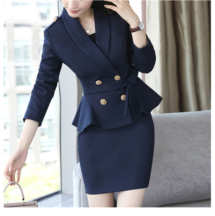 Solid Color Women Wave Hem Double Breasted Blazer Suit And Pencil Skirt