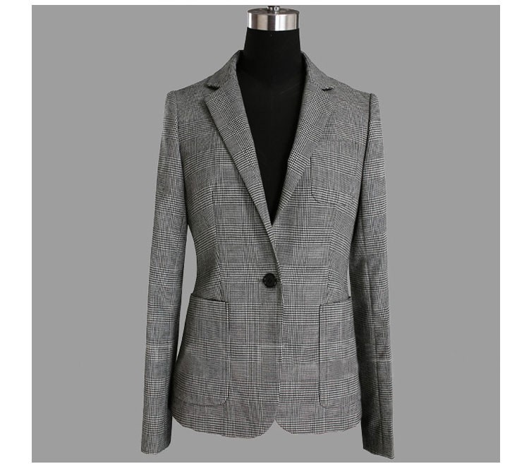 Dark Grey Women Long Sleeve Single Button V-neck Plaid Suit with Pocket