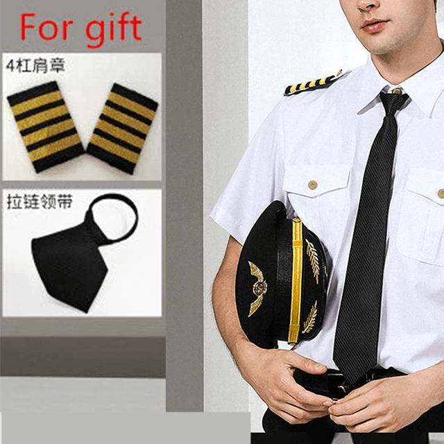Aircraft Button Mens Short Sleeve White Airline Pilot Uniforms Hair Stylist Fashion Slim Fit Black Workwear