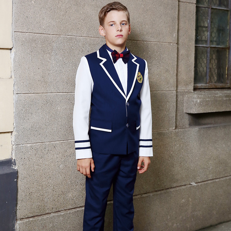 Newest Designs Customized Splicing Navy Blue School Uniforms Boy And Girls School Blazer Sets 