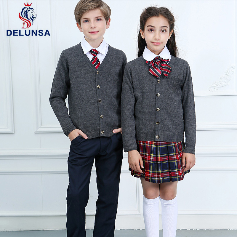 Custom Dark Grey School Uniform Sweater Cardigan And Plaid Skirt for Girls