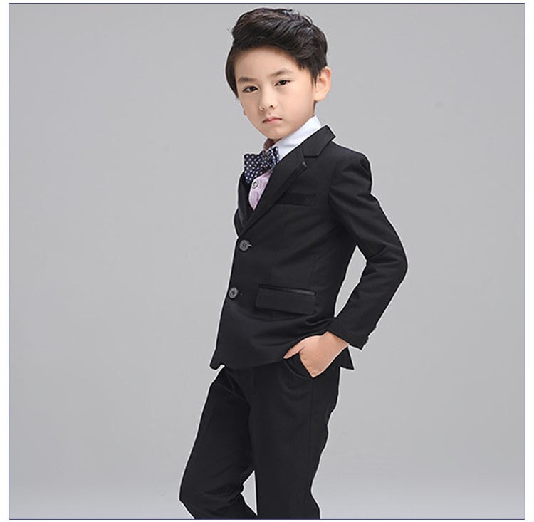 Custom Design Long Sleeve Single Breasted V-neck Formal Boys Black Suits