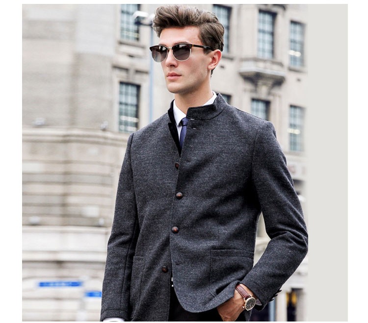 Custom Design Autumn Casual Stand Collar Dark Grey Suit for Men