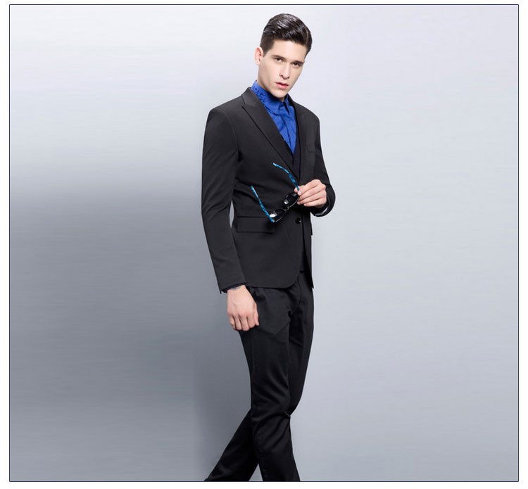 Custom Design Fashionable Men Single Breasted V-neck Solid Black Color Suit with Pocket