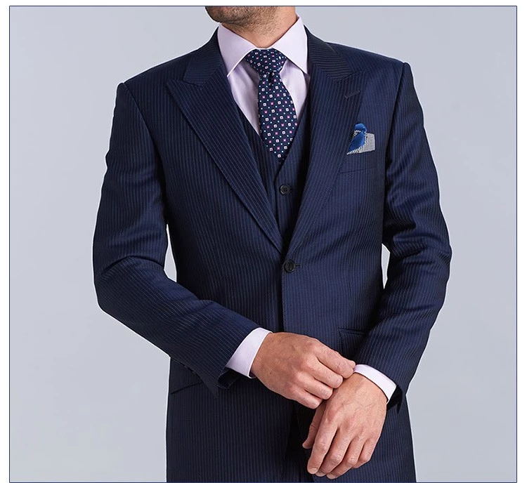 Custom Design 4 Piece Dark Blue Striped Single Breasted V-neck Formal Blazer Suit Set for Men