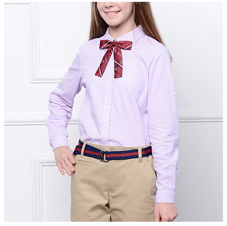 Custom Design 100% Cotton Solid Color Girls Long Sleeve Turn-down Collar Shirt