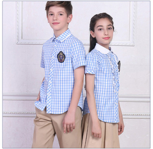 Summer Custom Design Primary School Student Uniform Short Sleeve Single Breasted Plaid Shirt Set