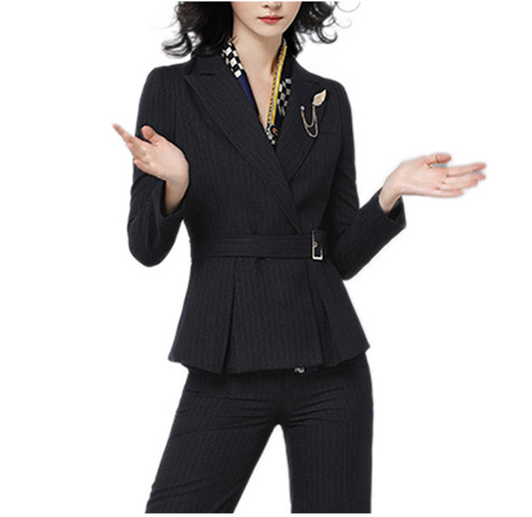 Unique Hem Design Cross Collar Women Office V-neck Long Sleeve Striped Black Blazer