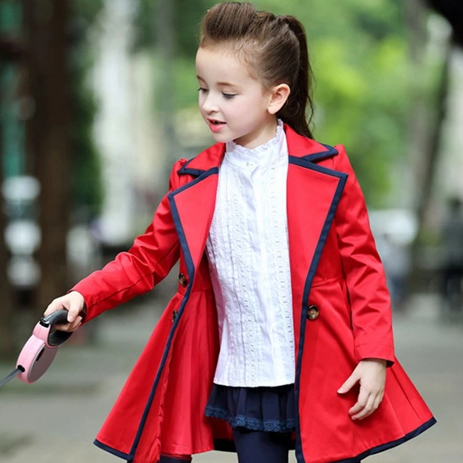 Custom Design Autumn Double Breasted Little Girls Red V-neck Coat with Pocket