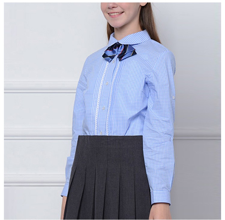 Custom Design Turn-down Collar Girls Lace Long Sleeve Plaid Shirt