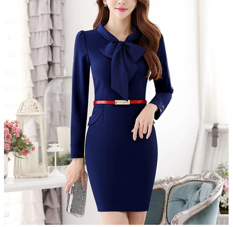 Custom Design Fashionable Dark Blue Long Sleeve Bow Lady Dress with Belt