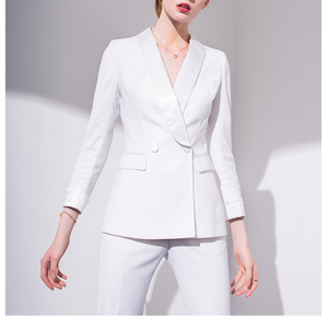 Custom Design Simple Style Solid White Color Women Office Long Sleeve Single Breasted Blazer Suit Set with Pocket
