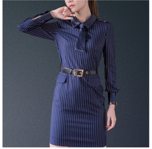 Custom Design Turn-down Collar Office Lady Long Sleeve White Striped Blue Dress with Belt