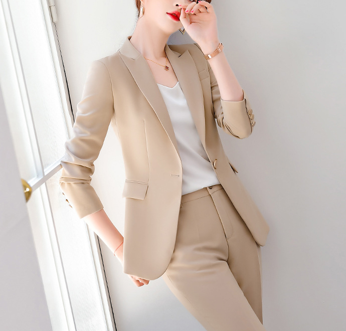 Custom Design Solid Color Office Women Round Hem Single Button V-neck Suit And Pants