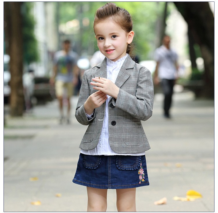 Custom Design Little Girls Long Sleeve Single Breasted Grey Plaid Blazer with Pocket
