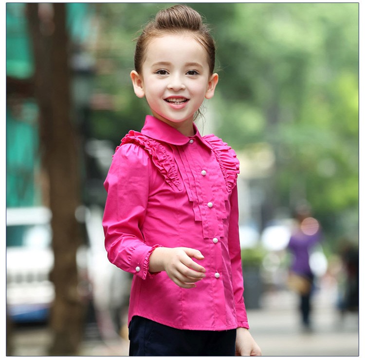 Custom Design Solid Color Imitation Pearl Button Single Breasted Little Girls Long Sleeve Shirts