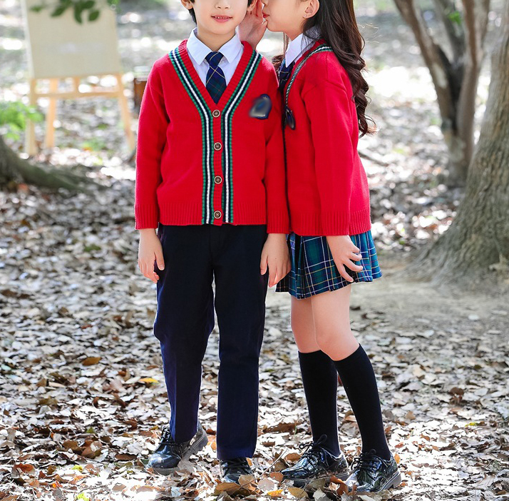 Custom Design Spring Primary School Uniform Long Sleeve Single Breasted V-neck Red Children Sweater