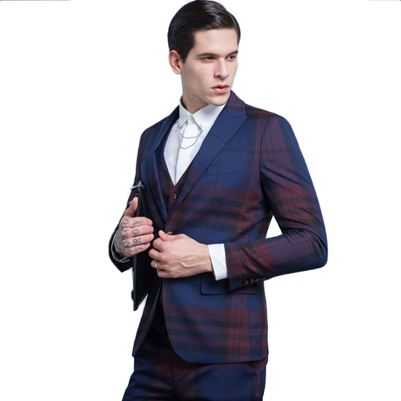 Custom Design OEM Fashion Men Red Blue Plaid Single Breasted V-neck Blazer Suit