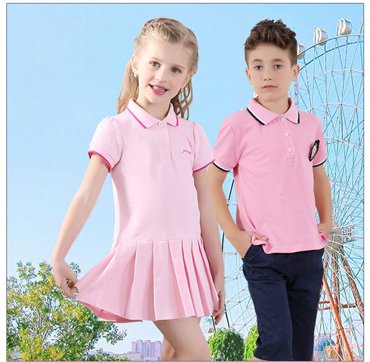 Custom Design 100% Cotton Kindergarten Summer Uniform Comfortable Boys And Girls Fashion Pink Polo Shirt Suit