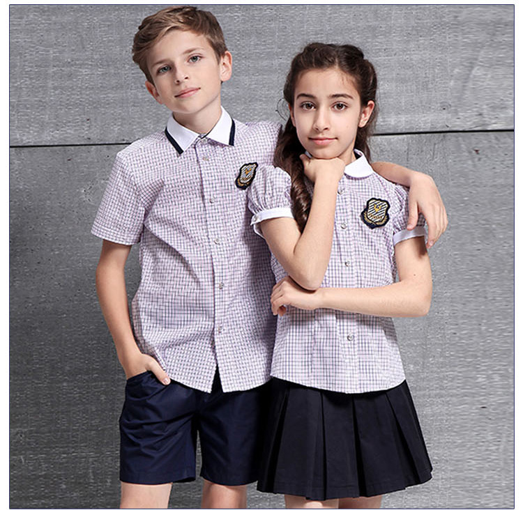 Summer Children Plaid Shirt School Uniform Shirt Set for Primary And Middle School