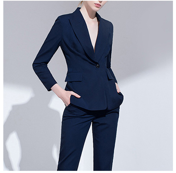 Custom Design Fashionable Single Button Long Sleeve V-neck Dark Blue Women Slim Blazer