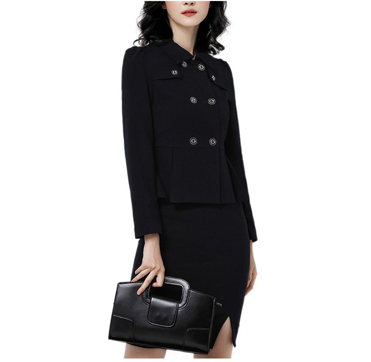 Unique Hem Design Solid Black Color Women Double Breasted Blazer And Single-side Slit Skirt