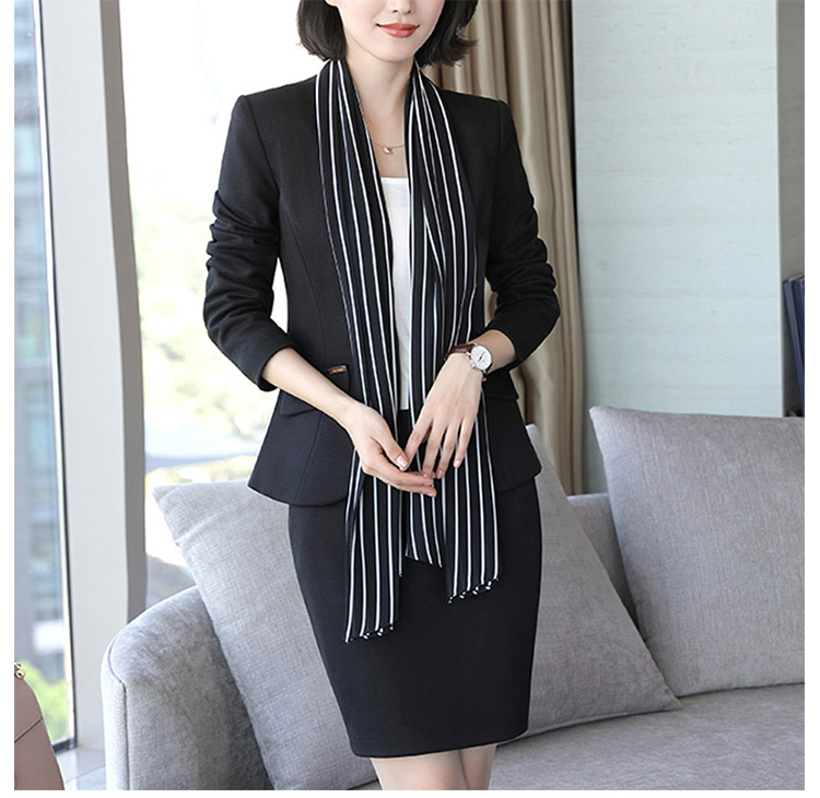 Custom Design Solid Black Color Women Office Round Hem Long Sleeve Single Button Blazer And Tailored Skirt