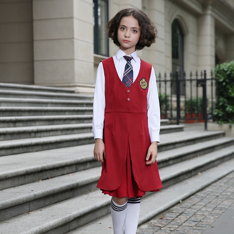 Cotton/ Polyester Custom School Girl Uniform Red School Girl Dress Uniform Girls School Pinafores