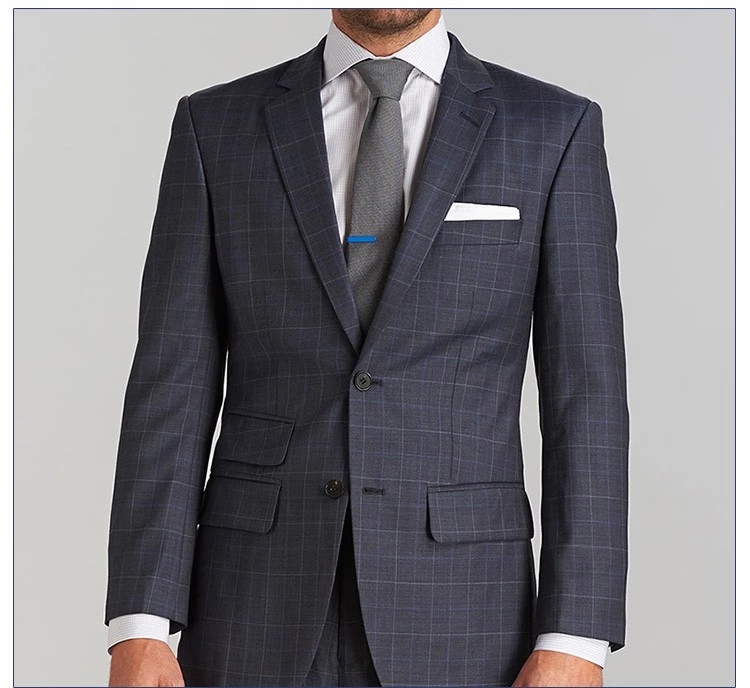 Custom Design Office Men Fitting Dark Grey Plaid Formal Blazer Set with Breast Pocket