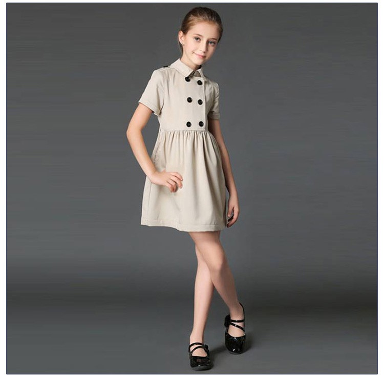 Spring Solid Color Short Sleeve Double Breasted A-line Girls Dress with Collar