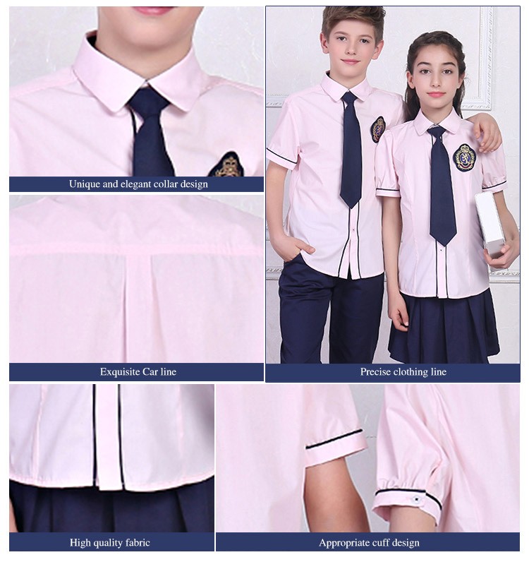 Summer Custom Design Primary School Student Uniform Short Sleeve Single Breasted Plaid Shirt Set