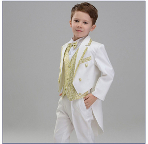 Custom Design Evening Meeting Little Boys Single Breasted Gold Glitter Vest And Tuxedo Suits