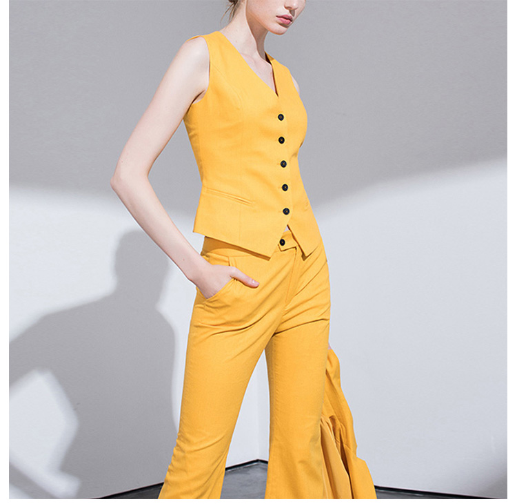 Custom Design Three Pieces Fashionable Women Yellow Single Breasted V-neck Blazer Vest Set