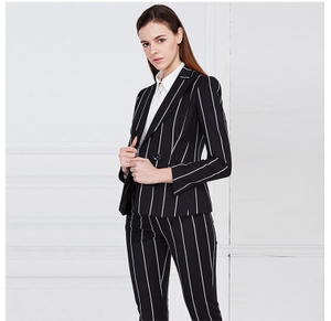 Custom Design Women Business V-neck Long Sleeve Single Breasted White Striped Black Suit Set
