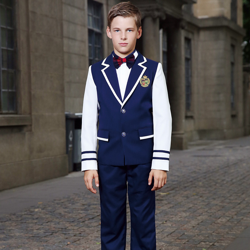Newest Designs Customized Splicing Navy Blue School Uniforms Boy And Girls School Blazer Sets 