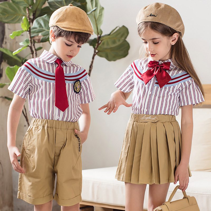 Kindergarten Kids School Uniform Boys And Girls Child Stripe Short Sleeve Shirt And Light Brown Shorts