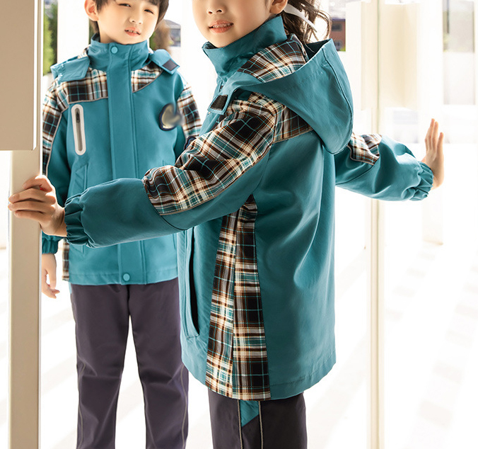 Custom Design Primary School Uniform Warm Windproof Blue Children Winter Coat with Hat