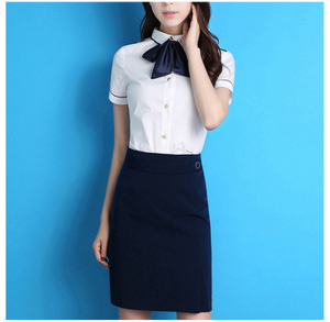 Custom Design Office Lady Short Sleeve Single Breasted White Shirt And Dark Blue Skirt