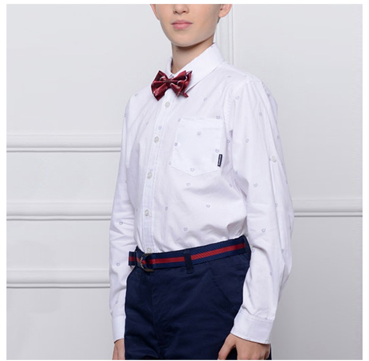 Custom Design 100% Cotton Turn-down Collar Printed Boys Long Sleeve White Shirt 