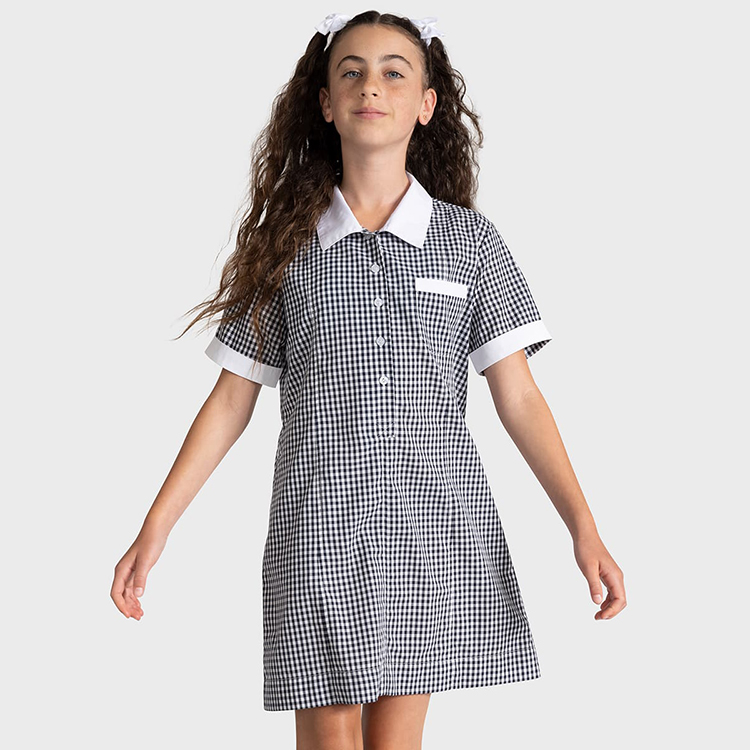 Custom Design Summer School Uniform Short Sleeve Turn-down Collar Plaid Girls Dresses Design